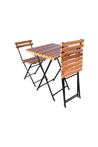 Katlanır Metal Ayaklı Ahşap Masa Sandalye Bistro Üçlü Set 60x60x75 Balkon Masası Sandalye Siyah