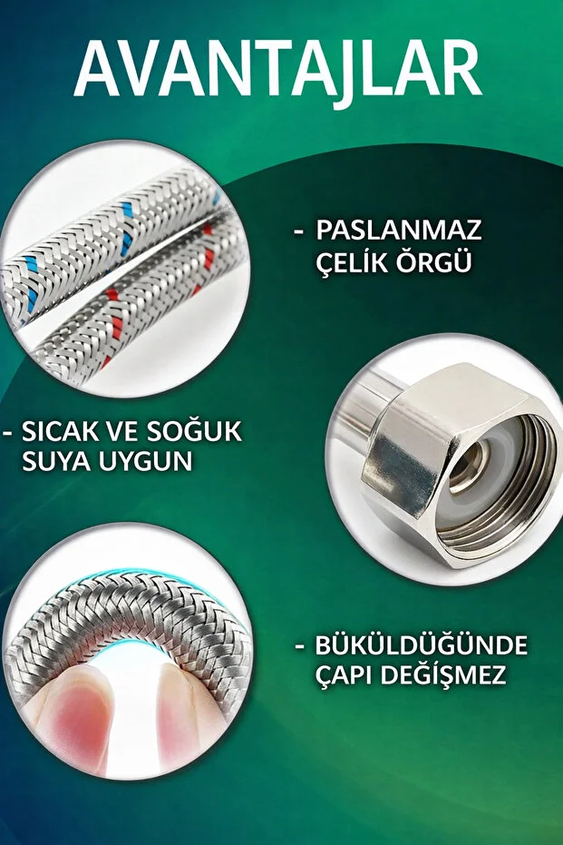 Musluk Bağlantı Hortumu 60 Cm 1/2 X M10 Çelik Fleks 2 Adet Gümüş