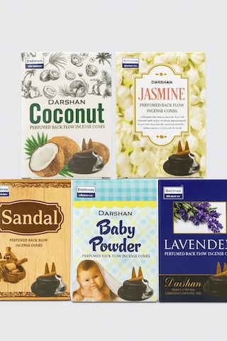 Darshan Ters Geri Akışlı Şelale Tütsü 5'li Set Coconut - Jasmine - Sandal - Baby Powder - Lavender Darshan Ters Geri Akışlı Şelale Tütsü 5'li Set Coconut - Jasmine - Sandal - Baby Powder - Lavender