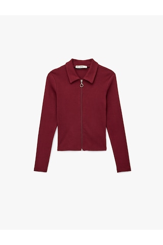 Koton Fermuarlı Slim Fit Gömlek Yaka Kaşkorse Uzun Kollu Tişört Bordo 6wal10120ık Bordo