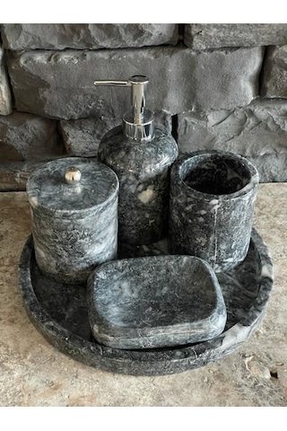 Uludağ Siyahı Mermer 5'li Banyo Seti Beyaz
