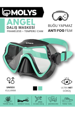 Molys Angel Dalış Maskesi + Antı Fog Buğu Önleyici Film + Pro Full Dry Tam Kuru Şnorkel + Maske Koruma Kutusu Set Halinde Siyah - Turkuaz