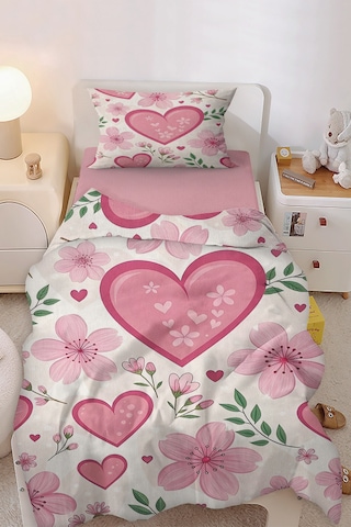 Kalp Bahçesi Çiçekli Kalpli Tek Kişilik Çocuk Nevresim Seti Pembe