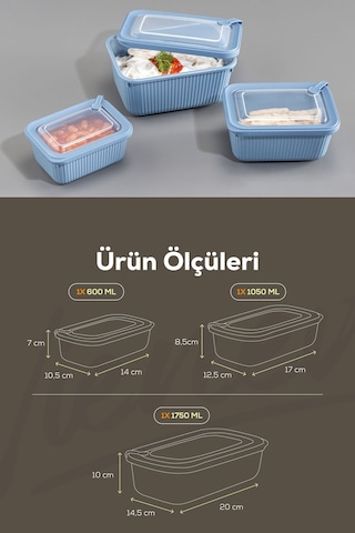 Vienev 3'lü Vip Dikdörtgen Mikrodalga Ve Difrize Uygun Saklama Kabı Seti Mavi 1x 1750,1050,600 Ml Mavi