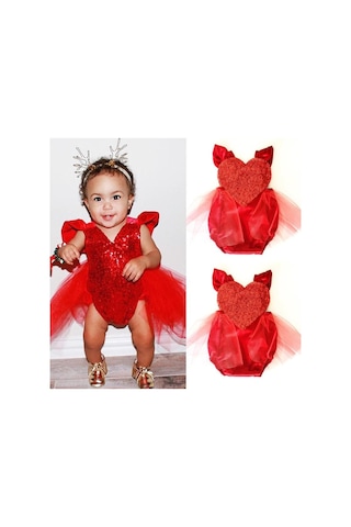 Sevgililer Günü Bebek Bebek Kız Tül Kalp Romper Tulum Tulum Kıyafet Kostüm Boyutu 0-3y Kırmızı