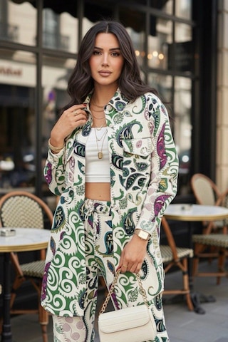 Etnik Desen Baskılı Keten Takım Yeşil Yeşil