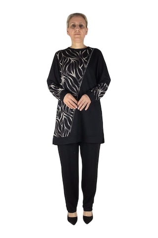 Kadın Bluz Önü Desenli Taşlı Pantolon Lastikli İkili Takım Siyah