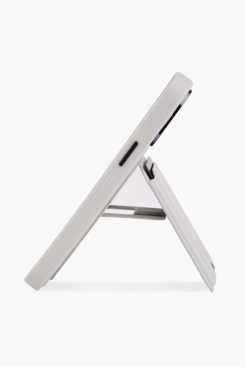 Standlı Iphone 15 Gri Deri Telefon Kılıfı Gri