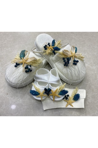 Lohusa Terlik Taç Anne Bebek  Takımı Petrol Mavi Kuru Çicek  Taç