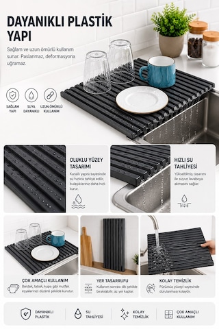 Sas Haus Plastik Pratik Lavabo Tezgah Üstü Bulaşık Kurutmalığı Siyah 35 X 45 S-10145