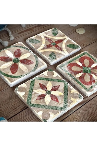 Doğaltaş Bardak Altlığı 4'lü Set - Eskitme Desenli Doğal Taş Bardak Altı Çok Renkli