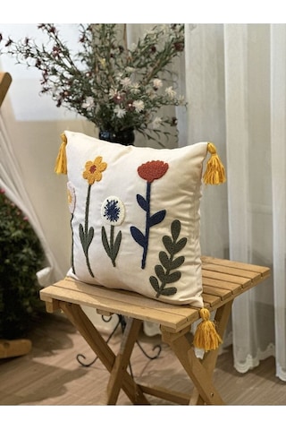 Tekli Punch İşlemeli Çiçekli Flowers Pançlı Nakışlı Dekoratif Kırlent Kılıfı 35x50 Kırmızı