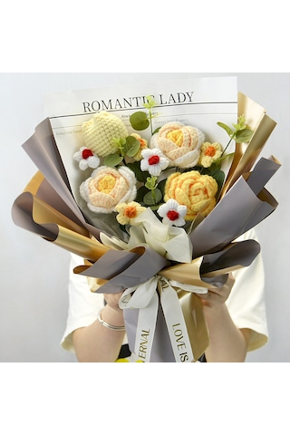 Ayçiçeği Yün Buket Bitmiş Örme Çiçek El Örgüsü Gül Anneler Günü Hediyesi Bej