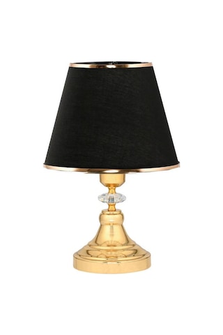 Art Deco Tarz Kristal Taş Süslü Metal Ayak Ve Gold Şeritli Siyah Başlık 2'li Abajur Seti İki Adet Siyah - Altın