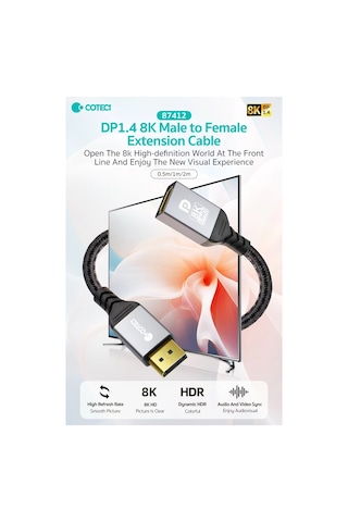 Erkek Displayport To Dişi Displayport Uzatma Kablosu 2 Metre - 8k 60hz / 4k 165hz Dp 1.4 Dönüştürücü