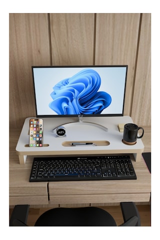 Ergonomik Mdf Monitör Standı Ekran Yükseltici Masaüstü Düzenleyici Organizer Telefon-bardak Bölmeli