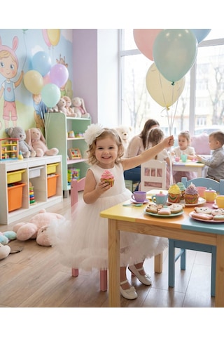 Ayışığı Kız Çocuk Tüllü Beyaz Abiye Elbise Volanlı Etek Prenses Model Abiye Elbise Taç Hediyeli 1-5 Yaş Beyaz