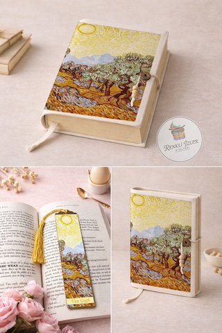 Kitap Kılıfı Ve Metal Kitap Ayracı Seti Van Gogh Zeytin Ağaçları