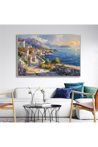 Yağlı Boya Dokulu Tablo Modern Spatula Akdeniz Evleri Manzarası Gümüş Çerçeveli U06039-179004