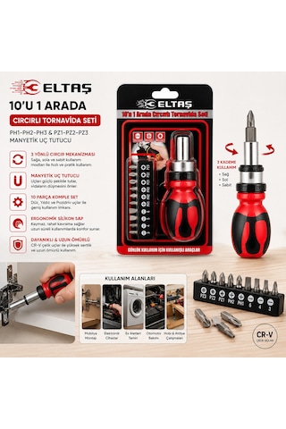 10ın1 Silikon Sap - Cr-v Cırcırlı Tornavida Bits Seti Ph1-ph2-ph-3 - Pz1-pz2-pz3 Manyetik Uç Tutucu