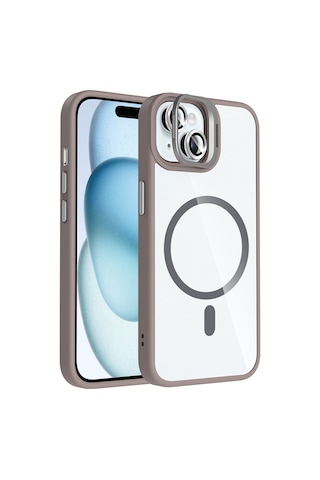 Zore iPhone Uyumlu 15 Kılıf Standlı Ve Kamera Lens Hediyeli M-safe Şarj Özellikli Ogaa Etro Kapak - Gri