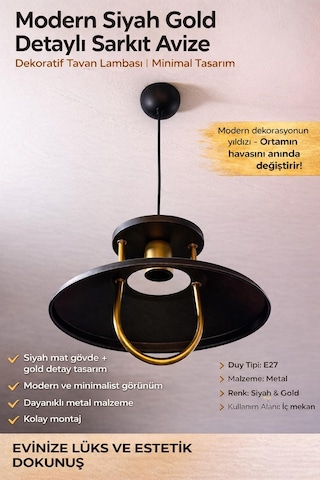 Modern Siyah Gold Sarkıt Avize E27 Duy Metal Gövde Minimal Dekoratif Tavan Açık Bej