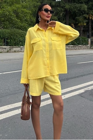 Gömlek Ve Şort Flamlı Keten Takım 10130 Altın