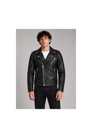 Maison Rae Erkek Siyah Slim Fit Biker Deri Ceket Fermuar Ve Cep Detaylı