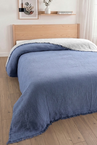 Tek Kişilik 4 Kat Müslin Yatak Örtüsü - %100 Pamuk, Çift Taraflı Müslin Pike - 170x240 Cm - İndigo