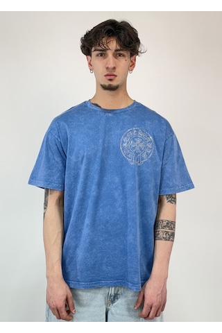 Zaee Vintage Washed Taşlı Oversize T-shirt Mavi