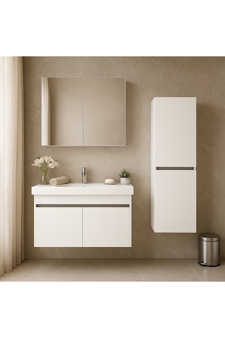 Arista 80 Cm Beyaz Mdf, Seramik Lavabolu, Alt - Üst Ve Boy Dolap Beyaz