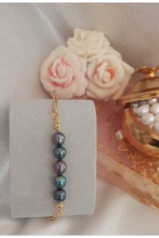 24k Altın Kaplama Gerçek Siyah İnci Kare Zincir Detaylı Tüy Uzatm Gold