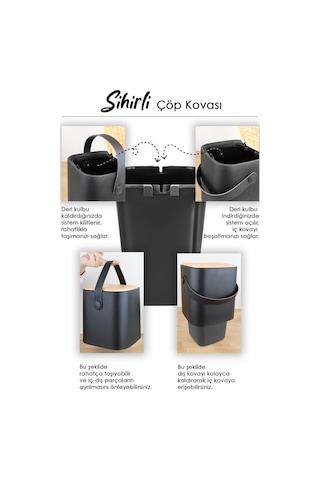 Ahşap Görünümlü Çöp Kovası - Akıllı Kapak Tutma Saplı Kovalı Tezgah Üstü Mutfak Çöp Kovası 4lt Siyah