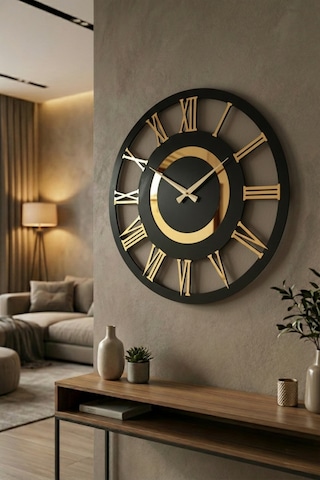 Siyah Ve Ceviz Renk Gold Sayılı Hediyelik Ahşap Dekoratif Farklı Desenli Ev Duvar Saati 50cm Ceviz