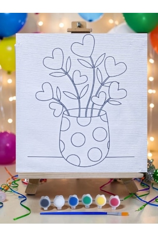 Saksıda Çiçek Tuval Boyama Aktivite Seti 19x19 Cm Tuval, Şövale, Fırça Ve 6 Renk Akrilik Boya Seti
