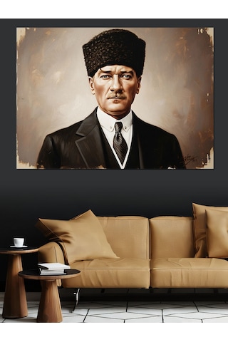 Siyah Beyaz Kalpak Başlıklı Atatürk Dekoratif Kanvas - Mdf Ahşap Tablo