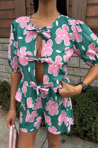 Kadın Multi Çiçek Desenli Poplin Kısa Takım Çok Renkli