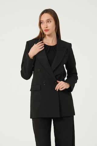 Siyah Regular Astarlı Kruvaze Kapama Dokuma Blazer Ceket 001
