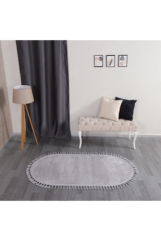 Açık Gri Fluffy Düğüm Saçaklı Oval Post Peluş Halı Kaymaz Taban
