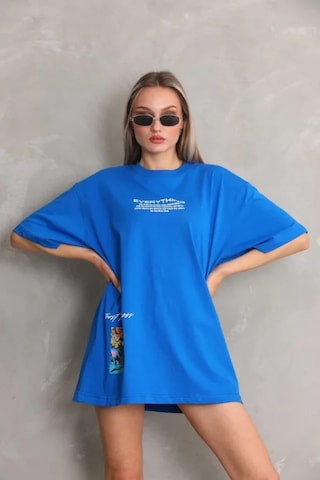 Ge Ticaret Unisex Bisiklet Yaka Baskılı Oversize T-shirt - Mavi Mavi
