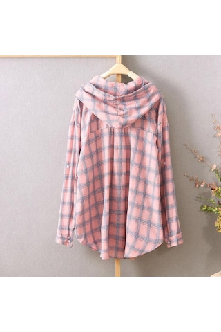 Pembe Güneş Koruyucu Gömlekler Kadın Kapşonlu Ekose Uzun Kollu Bol Üstler İnce Paltolar Hırkalar Pembe