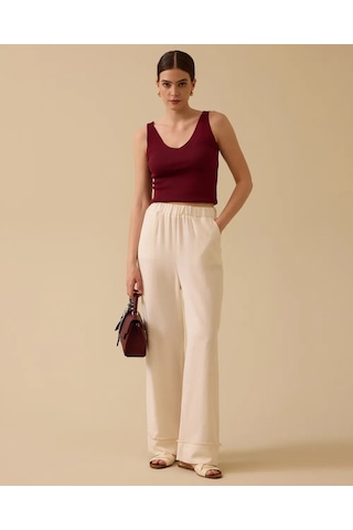 Scl Minimalist Oversize Kadın Pantolon - Geniş Paça Midi Bej