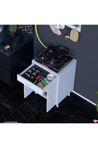 Modilayn Qplas M Set Ocak Altı Dolap 65x88x48 Cm. Çekmeceli, Kapaklı, Raflı Ve Baharat Raflı Beyaz