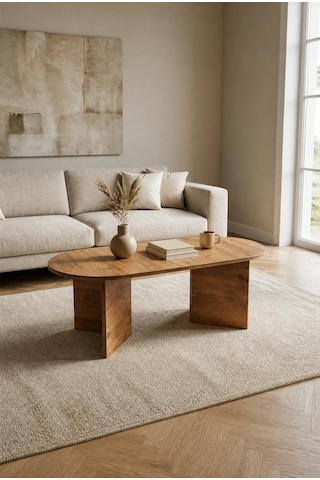 Modern Oval Orta Sehpa Minimal Ahşap Salon Sehpası Şık Tasarım Atlantik Çam