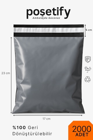Cepsiz Kargo Poşeti 17x23x4 Cm 2000 Adet E-ticaret Poşeti Gri Yapışkan Bantlı Kargo Zarfı