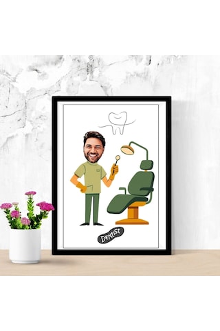 Kişiye Özel Diş Hekimi Karikatürlü Duvar Tablosu Yapışkanlı Sök Tak Çerçeveli 20x30cm - Dişçi Ve Diş Hekimliğine Hediye