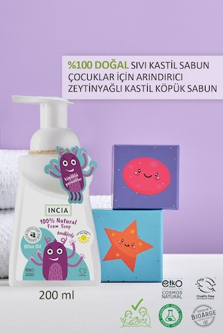 INCIA %100 Doğal Köpük Kastil Sabunu Çocuklar İçin Zeytinyağlı 10 Bitkisel Değerli Yağ 200 ml X2 Adet