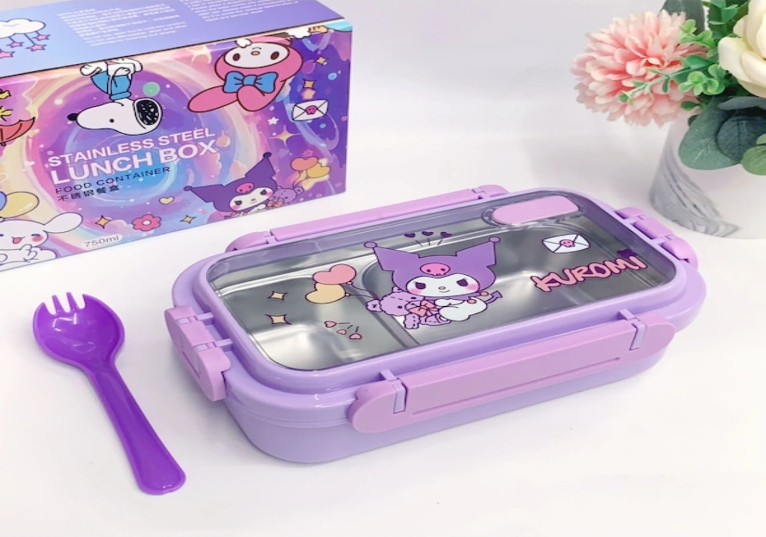 Moveevo Kızaklı 304 Çelik Isı Saklama Çanta, 750ml Çocuk Bento Kutusu, Renkli Kartun Desenli Öğrenci Öğle Yemeği Kutusu Mor
