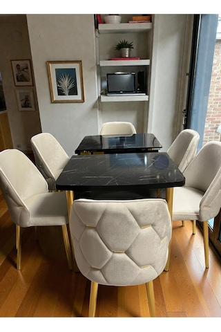 Msy Home 6 Kişilik Asil Gold Serisi Kelebek Siyah Mermer Desenli Yemek Masası Takımı Krem