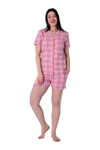 Estiva Kareli Desen Önden Düğmeli Bayan Şort Takım Pembe
